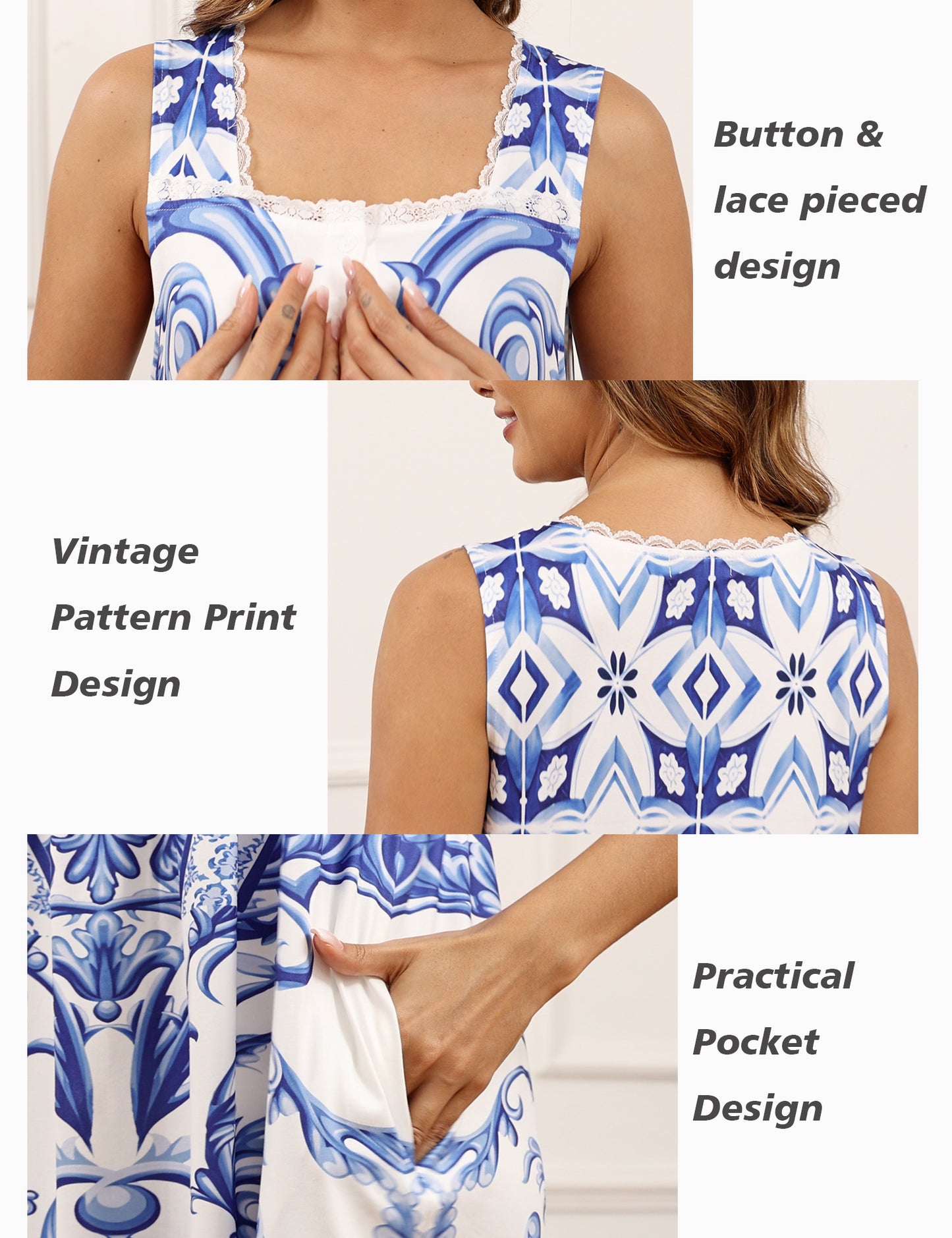 Cotton Nightgowns for women Lace Sleeveless House Dress with Pockets Soft Ladies Long Nightdress S-3XL