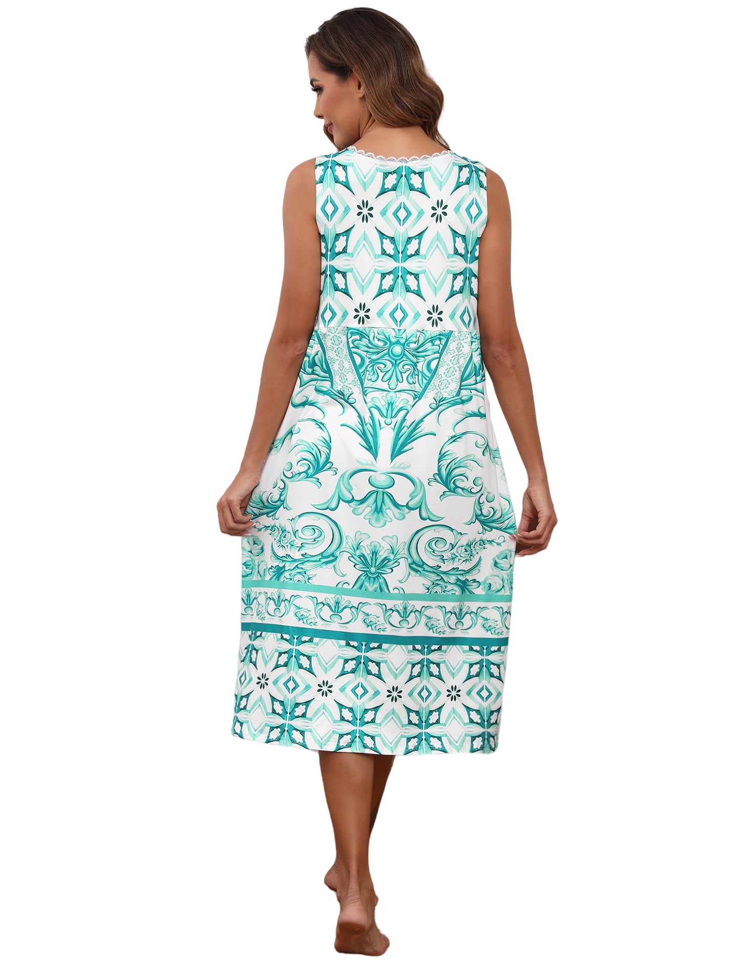 Cotton Nightgowns for women Lace Sleeveless House Dress with Pockets Soft Ladies Long Nightdress S-3XL