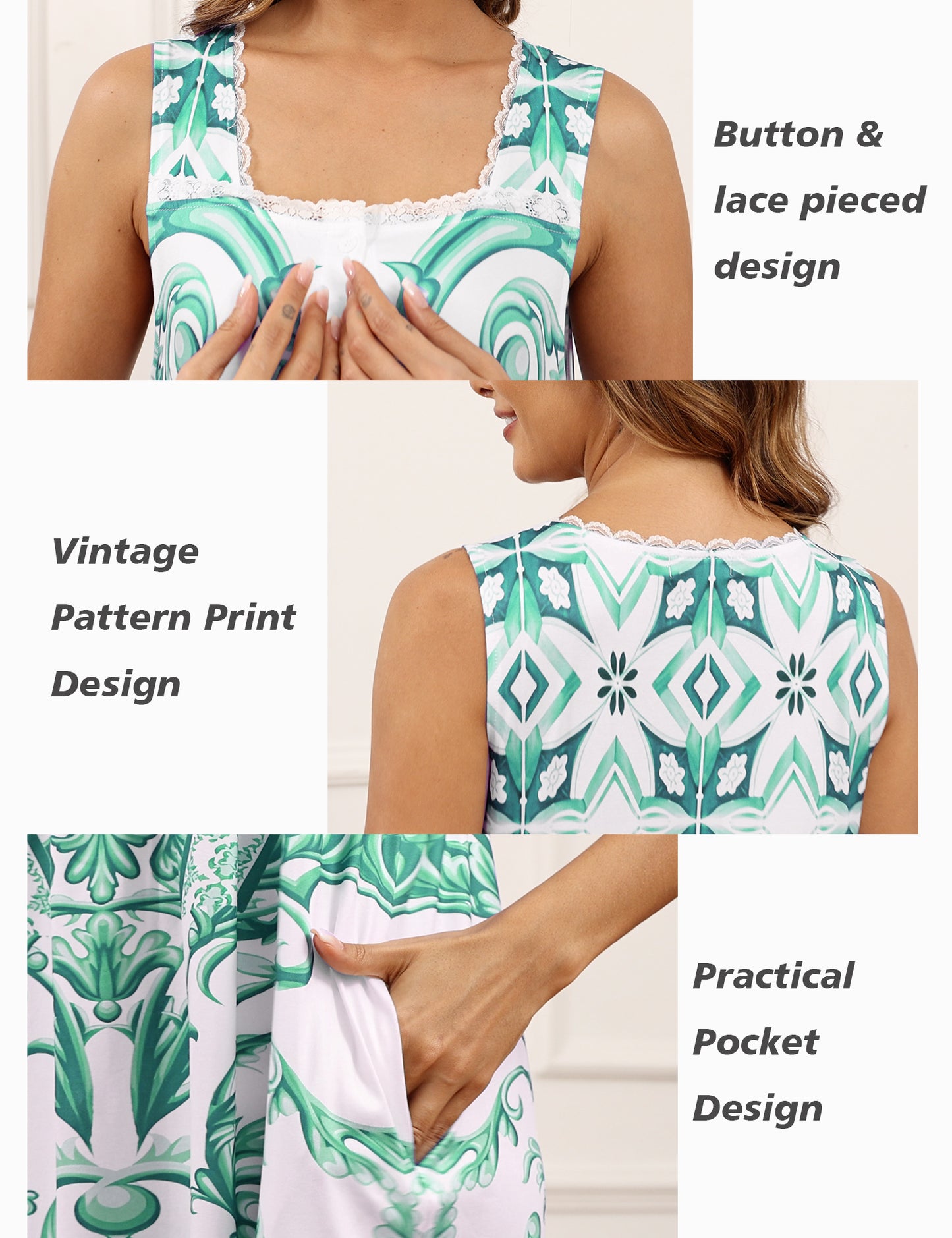 Cotton Nightgowns for women Lace Sleeveless House Dress with Pockets Soft Ladies Long Nightdress S-3XL