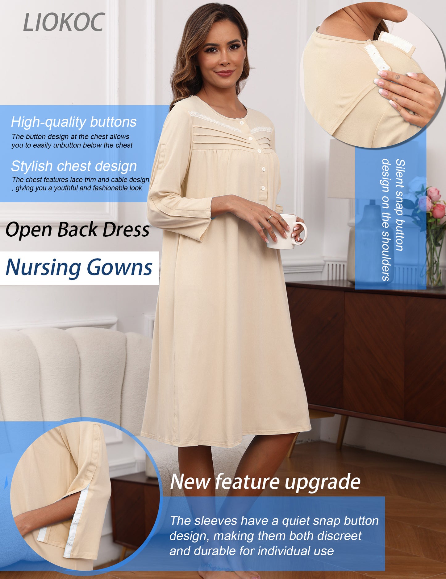 Hospital Gowns for Women Tear Away Snap 3/4 Sleeve Open Back Post Shoulder Surgery Dresses Delivery Nightgown S-3XL