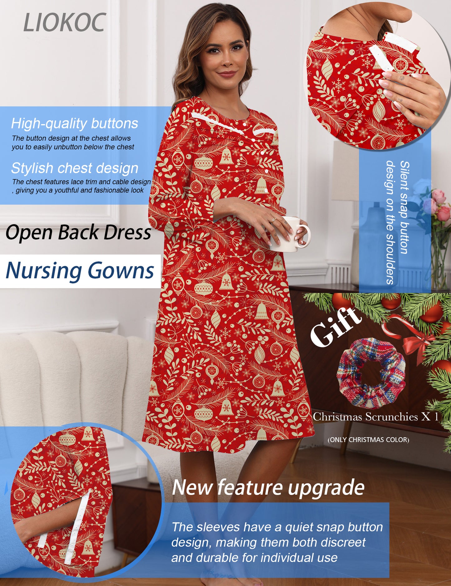 Hospital Gowns for Women Tear Away Snap 3/4 Sleeve Open Back Post Shoulder Surgery Dresses Delivery Nightgown S-3XL