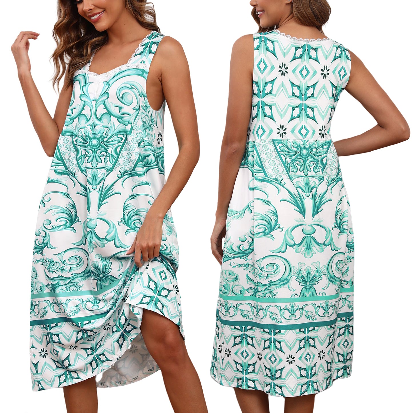 Cotton Nightgowns for women Lace Sleeveless House Dress with Pockets Soft Ladies Long Nightdress S-3XL