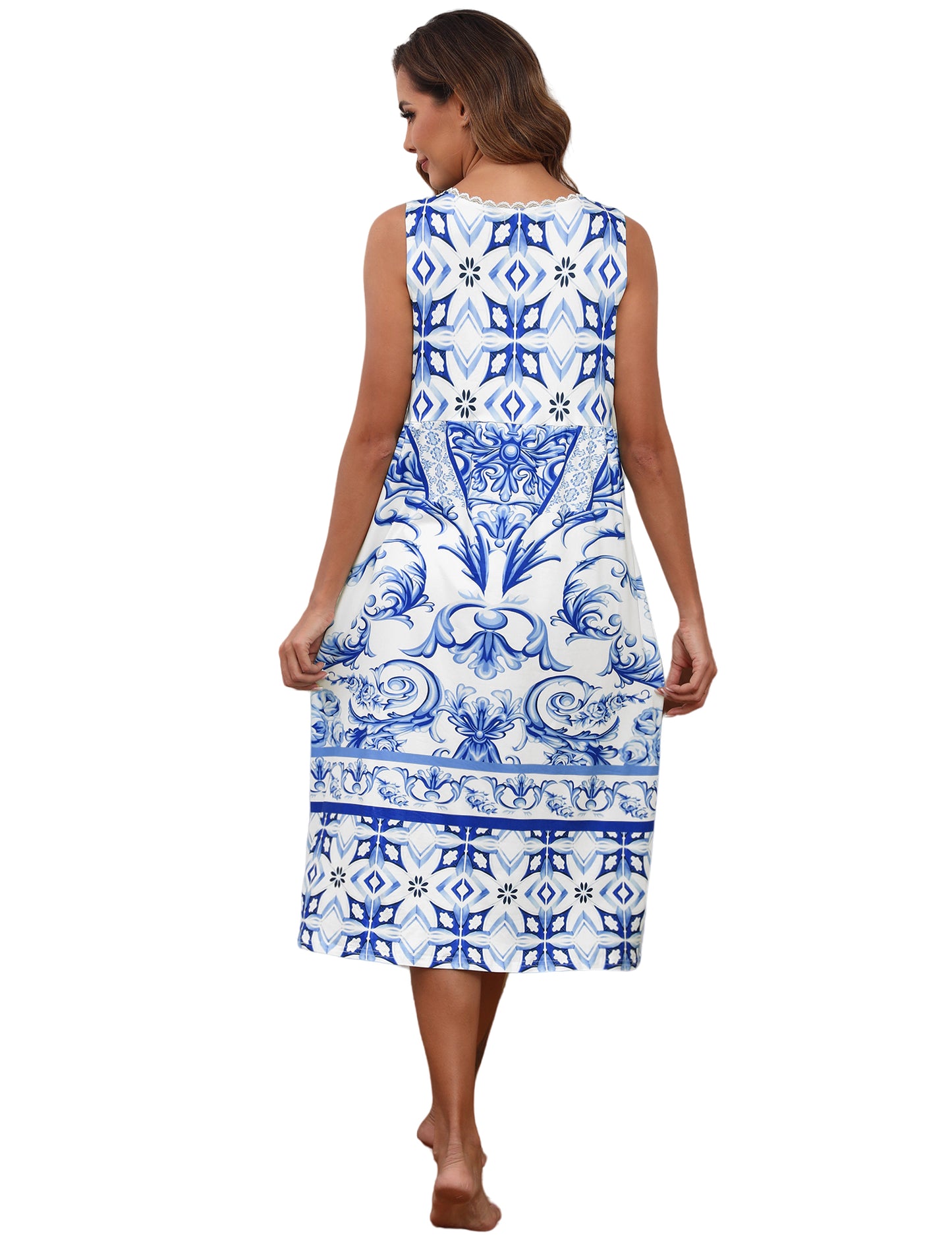 Cotton Nightgowns for women Lace Sleeveless House Dress with Pockets Soft Ladies Long Nightdress S-3XL
