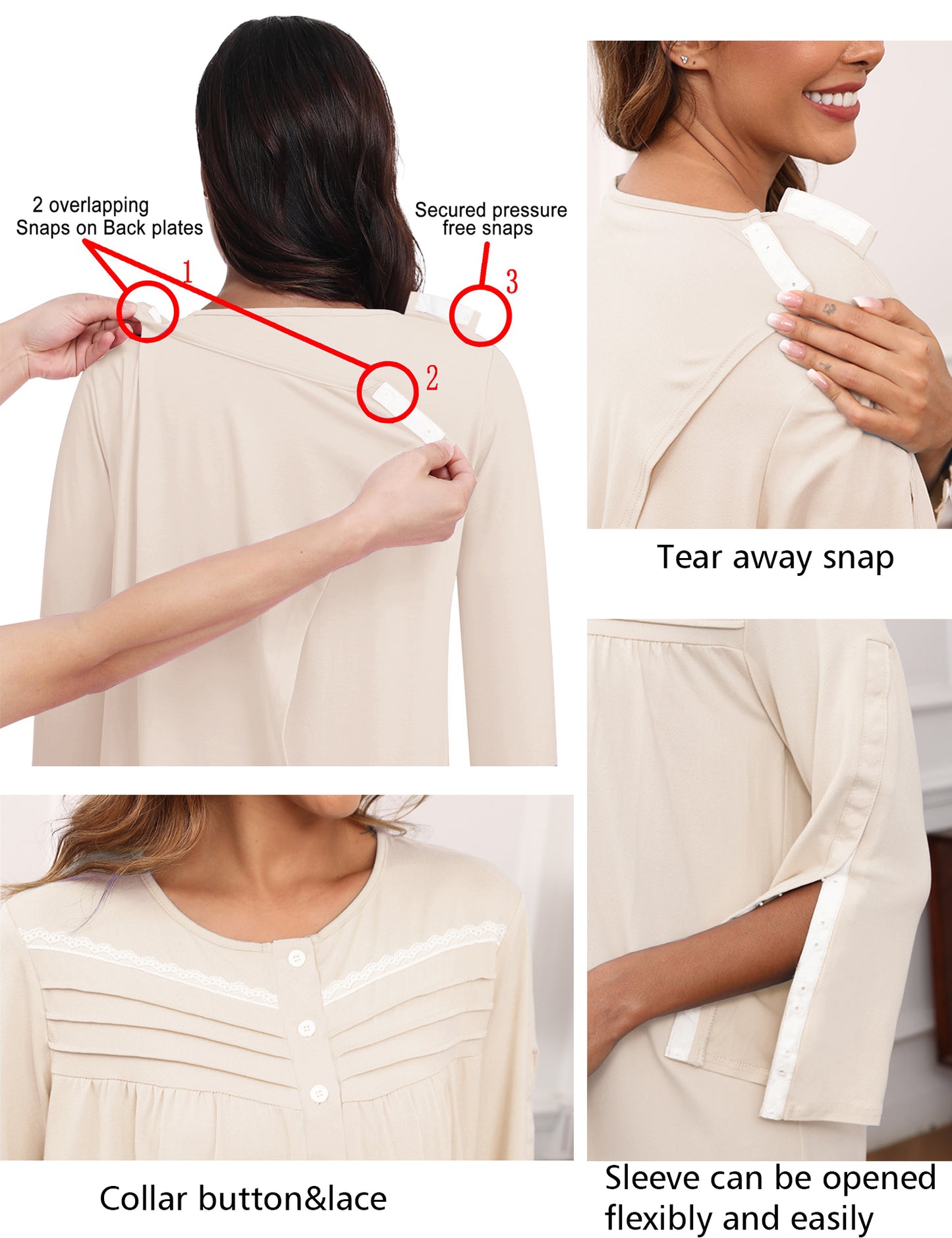 Hospital Gowns for Women Tear Away Snap 3/4 Sleeve Open Back Post Shoulder Surgery Dresses Delivery Nightgown S-3XL