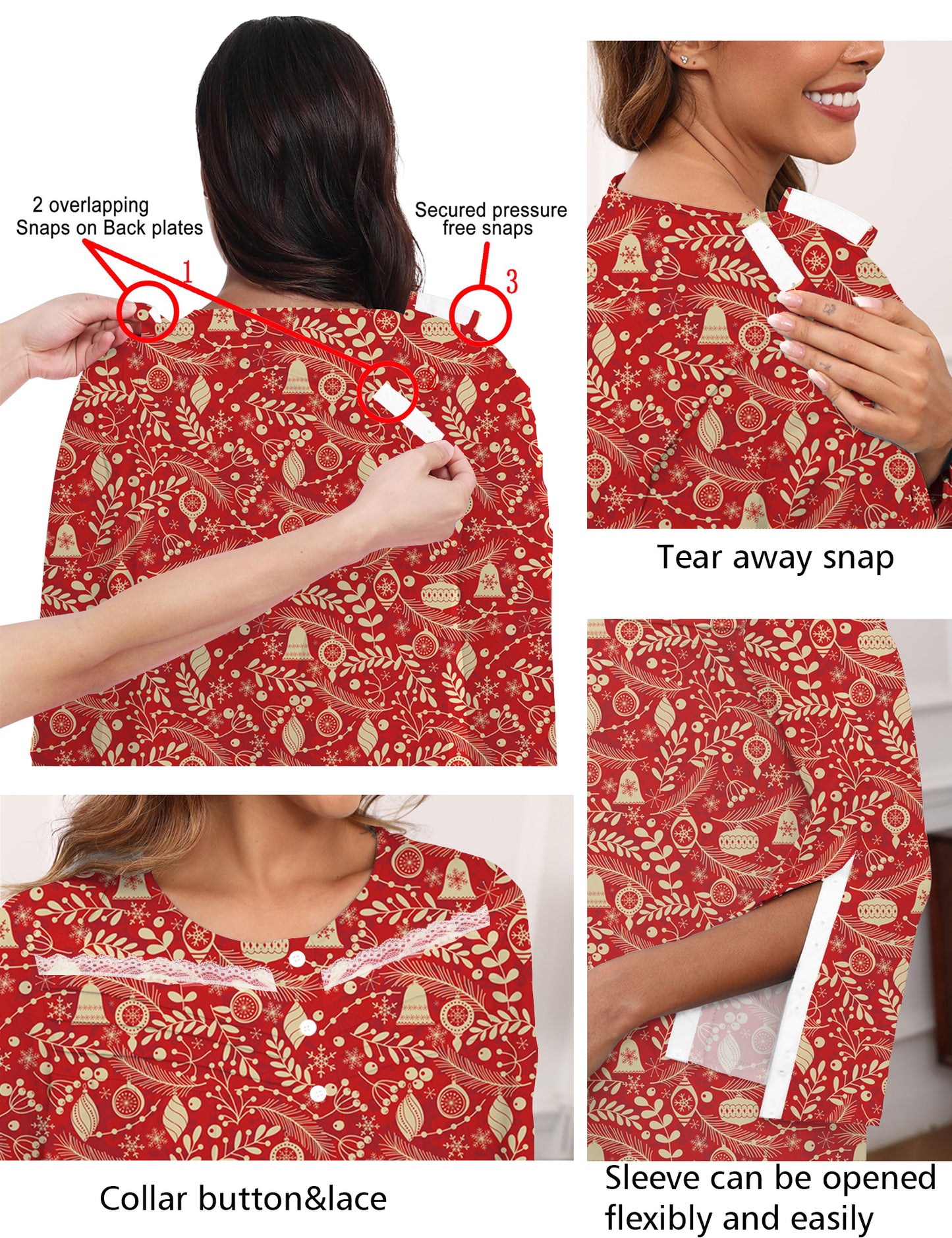 Hospital Gowns for Women Tear Away Snap 3/4 Sleeve Open Back Post Shoulder Surgery Dresses Delivery Nightgown S-3XL