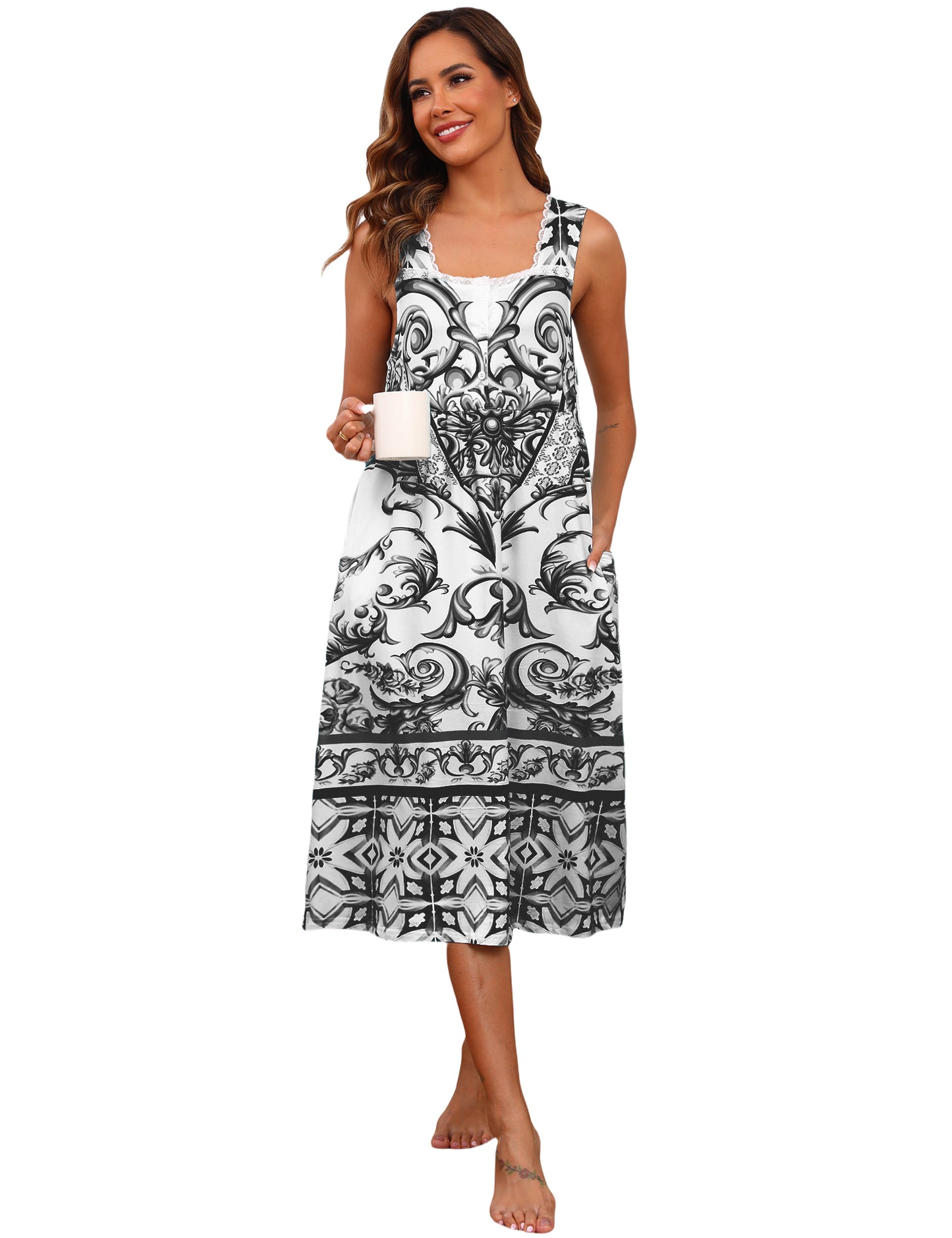 Cotton Nightgowns for women Lace Sleeveless House Dress with Pockets Soft Ladies Long Nightdress S-3XL