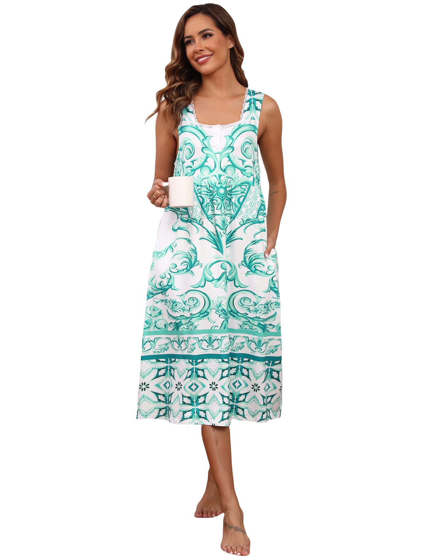 Cotton Nightgowns for women Lace Sleeveless House Dress with Pockets Soft Ladies Long Nightdress S-3XL