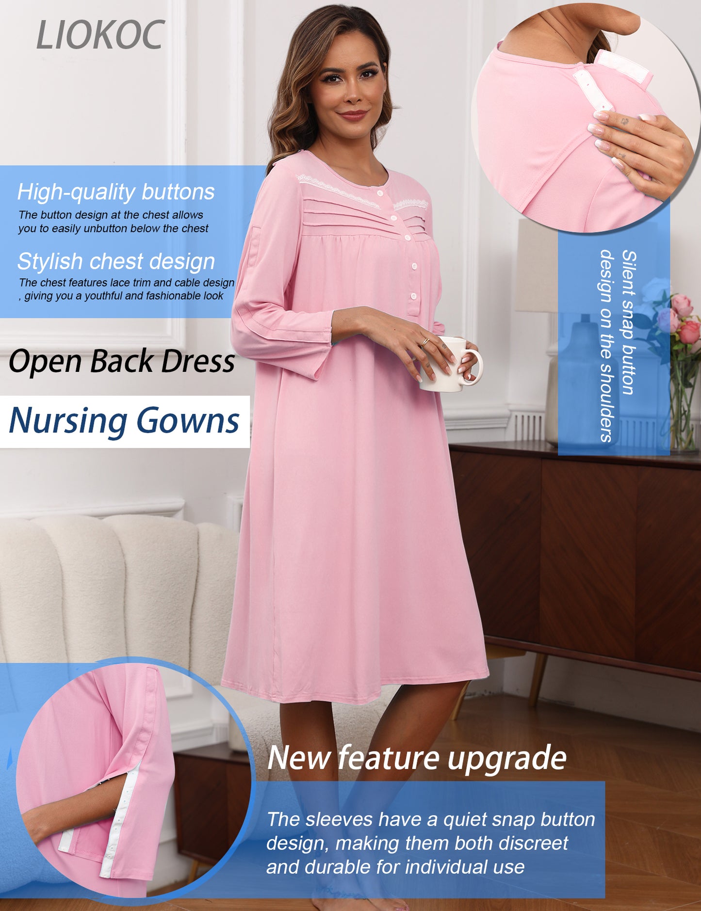 Hospital Gowns for Women Tear Away Snap 3/4 Sleeve Open Back Post Shoulder Surgery Dresses Delivery Nightgown S-3XL