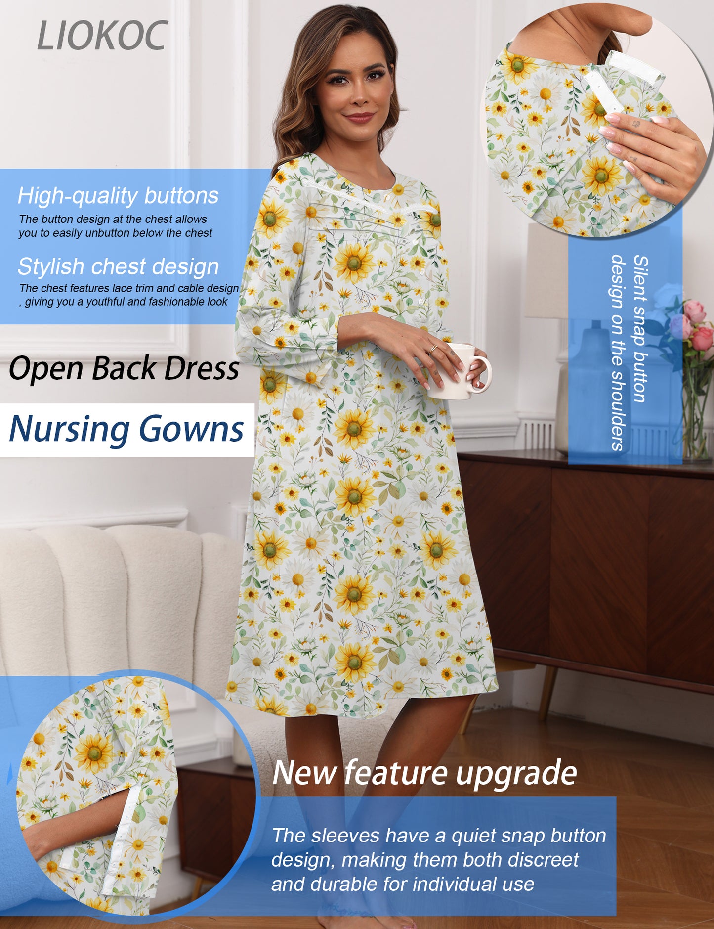 Hospital Gowns for Women Tear Away Snap 3/4 Sleeve Open Back Post Shoulder Surgery Dresses Delivery Nightgown S-3XL