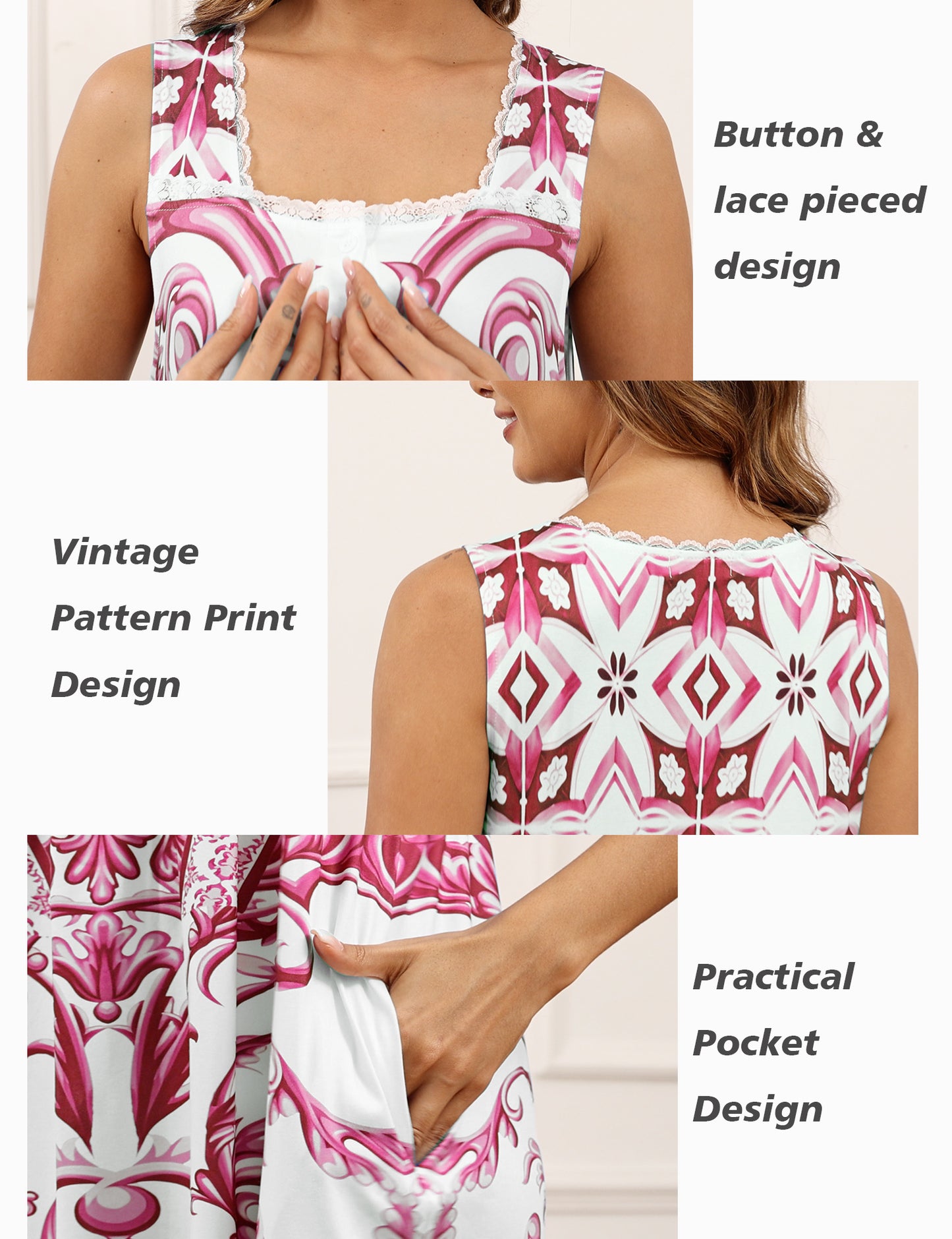 Cotton Nightgowns for women Lace Sleeveless House Dress with Pockets Soft Ladies Long Nightdress S-3XL
