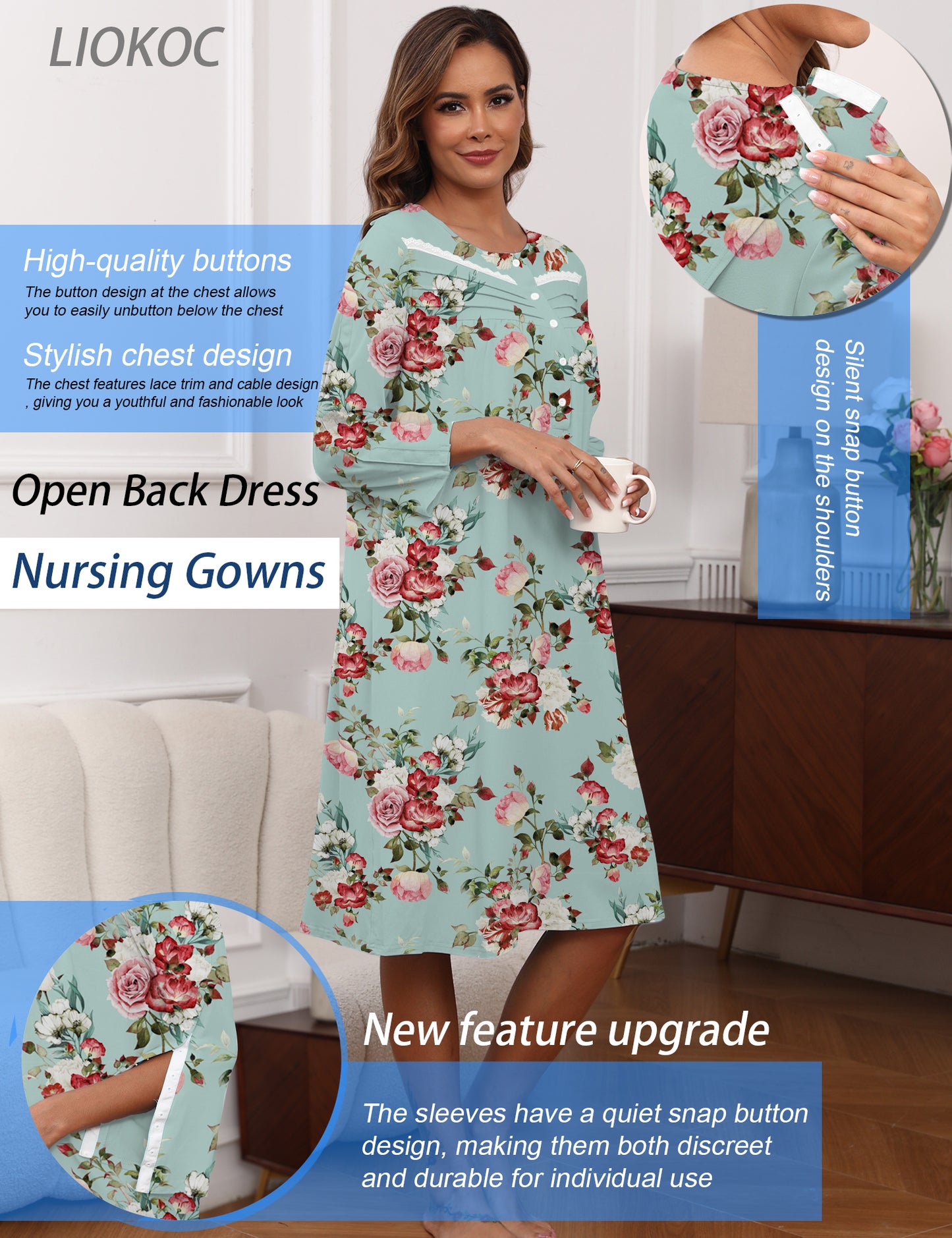 Hospital Gowns for Women Tear Away Snap 3/4 Sleeve Open Back Post Shoulder Surgery Dresses Delivery Nightgown S-3XL