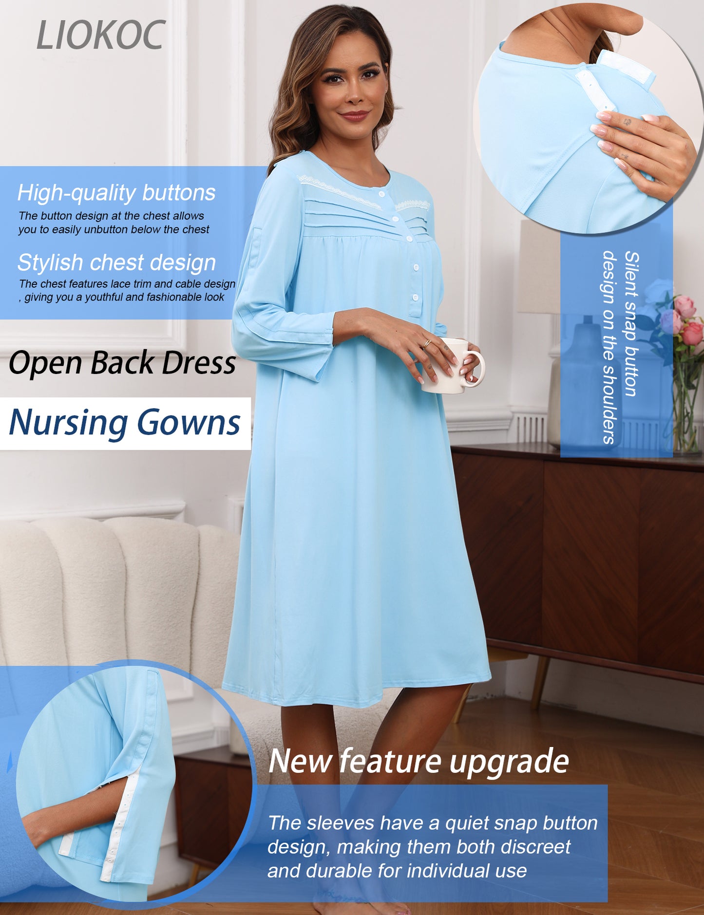 Hospital Gowns for Women Tear Away Snap 3/4 Sleeve Open Back Post Shoulder Surgery Dresses Delivery Nightgown S-3XL