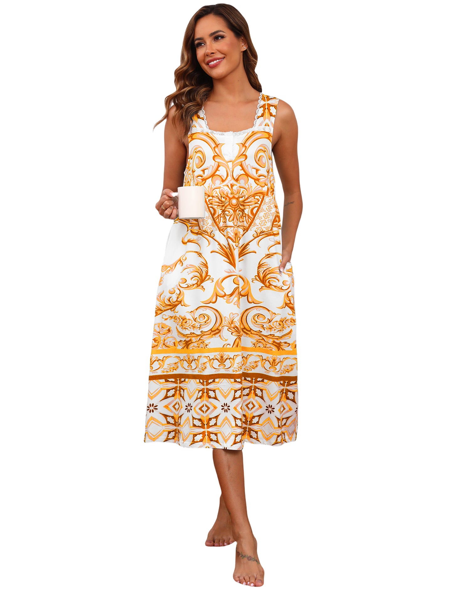 Cotton Nightgowns for women Lace Sleeveless House Dress with Pockets Soft Ladies Long Nightdress S-3XL