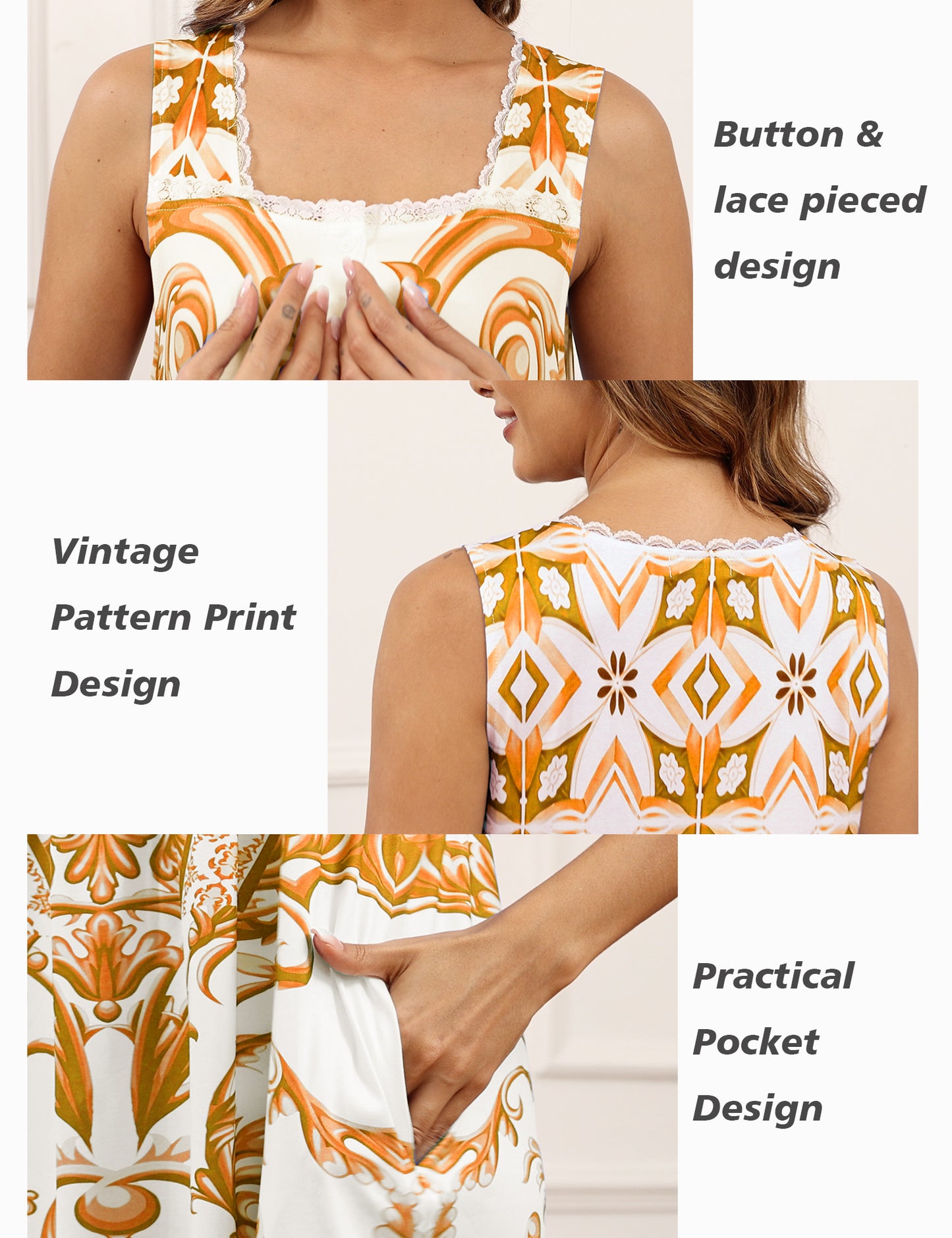 Cotton Nightgowns for women Lace Sleeveless House Dress with Pockets Soft Ladies Long Nightdress S-3XL