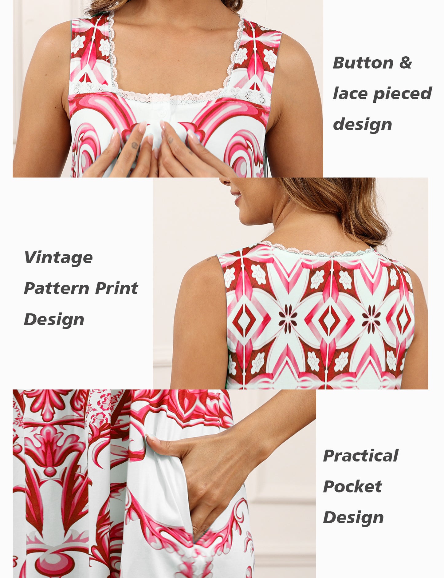 Cotton Nightgowns for women Lace Sleeveless House Dress with Pockets Soft Ladies Long Nightdress S-3XL