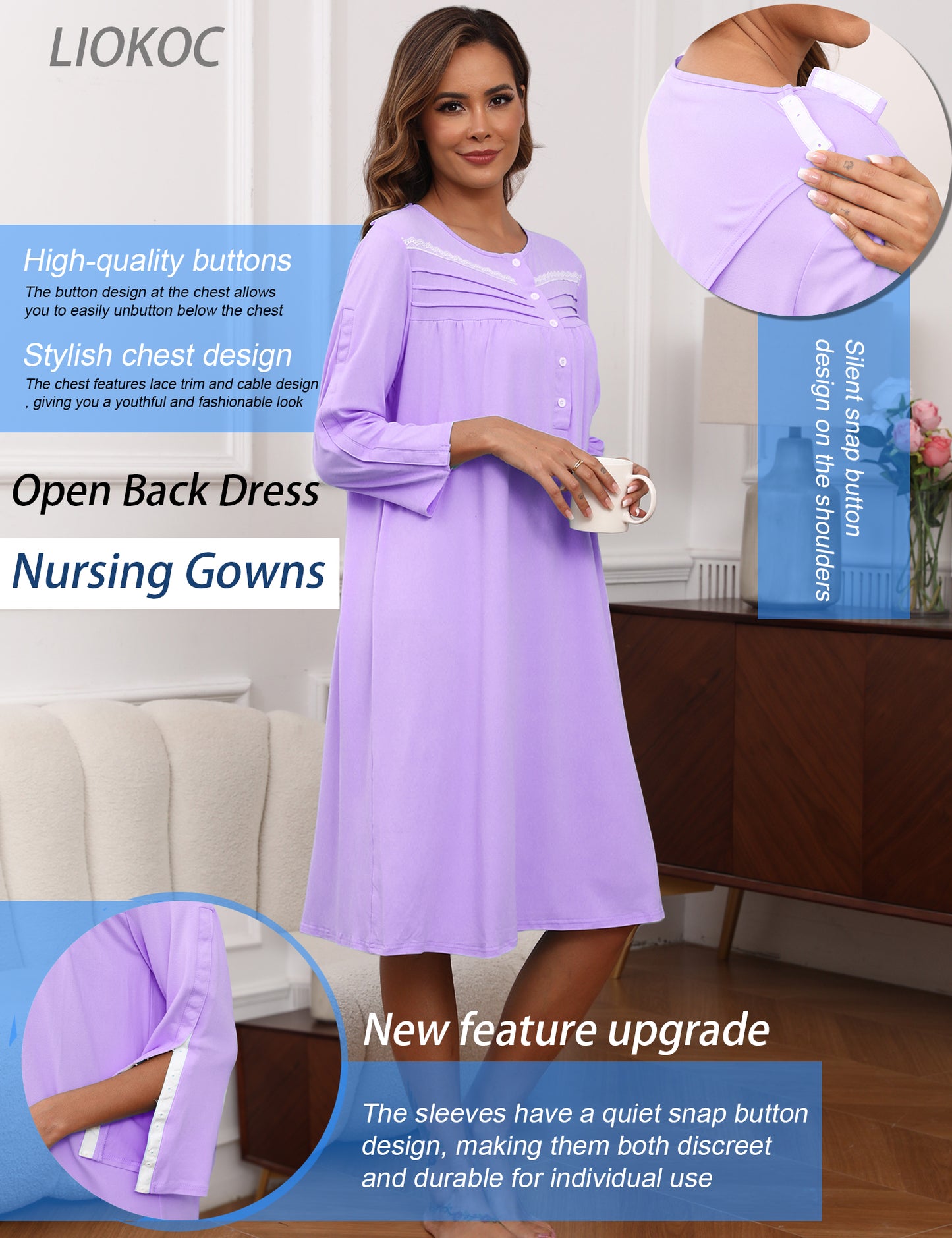 Hospital Gowns for Women Tear Away Snap 3/4 Sleeve Open Back Post Shoulder Surgery Dresses Delivery Nightgown S-3XL