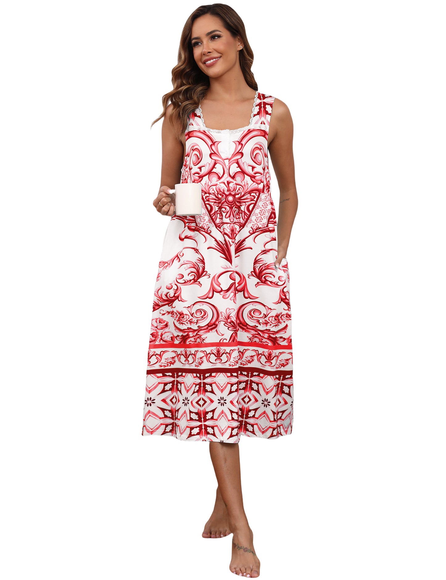 Cotton Nightgowns for women Lace Sleeveless House Dress with Pockets Soft Ladies Long Nightdress S-3XL