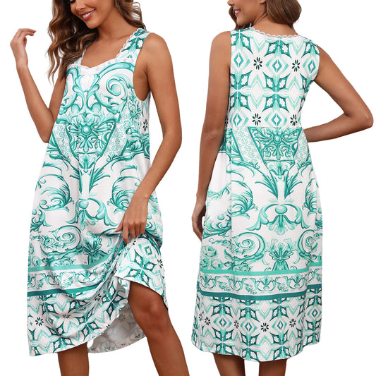 Cotton Nightgowns for women Lace Sleeveless House Dress with Pockets Soft Ladies Long Nightdress S-3XL