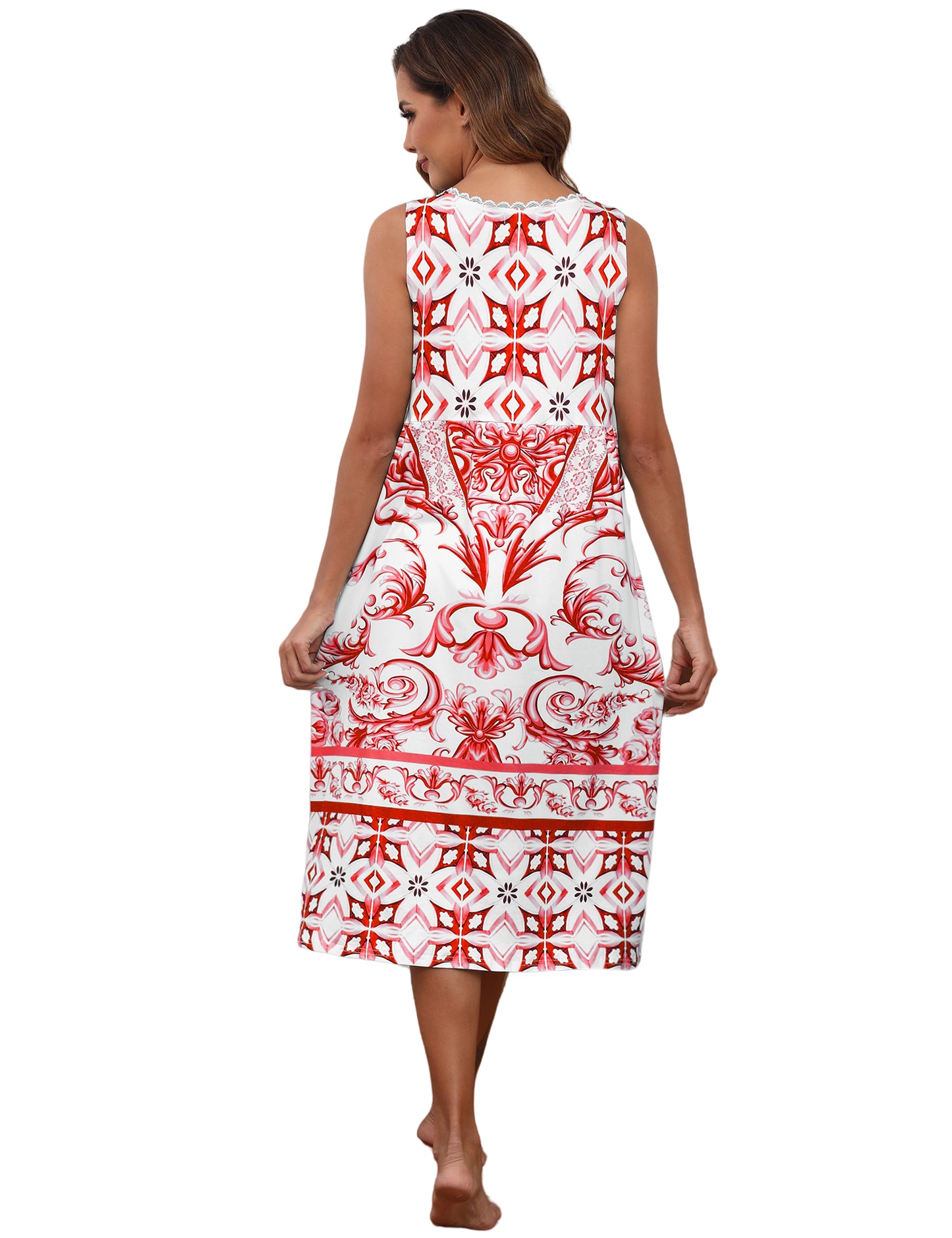 Cotton Nightgowns for women Lace Sleeveless House Dress with Pockets Soft Ladies Long Nightdress S-3XL
