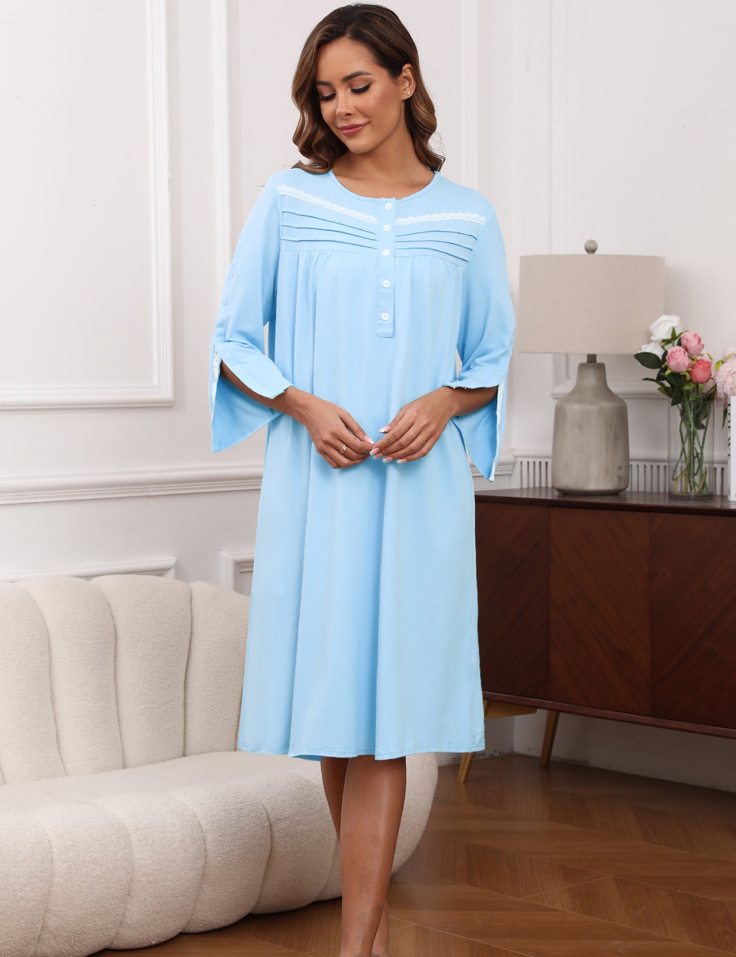 Hospital Gowns for Women Tear Away Snap 3/4 Sleeve Open Back Post Shoulder Surgery Dresses Delivery Nightgown S-3XL