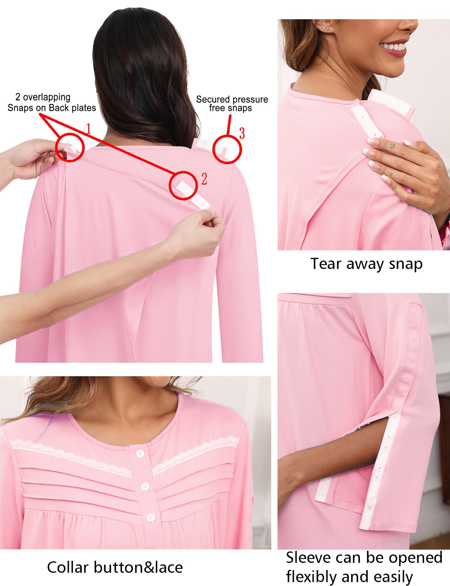 Hospital Gowns for Women Tear Away Snap 3/4 Sleeve Open Back Post Shoulder Surgery Dresses Delivery Nightgown S-3XL