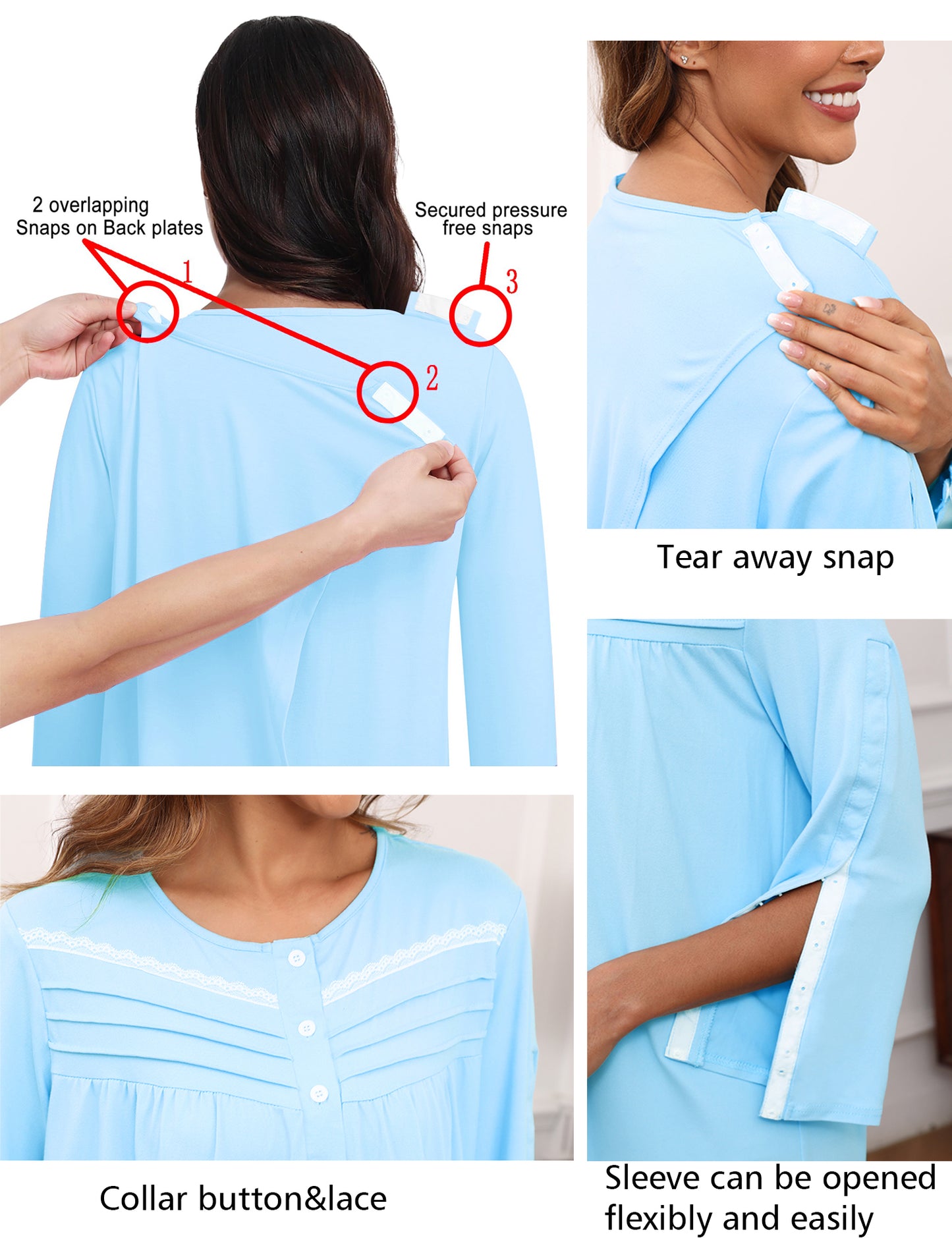 Hospital Gowns for Women Tear Away Snap 3/4 Sleeve Open Back Post Shoulder Surgery Dresses Delivery Nightgown S-3XL