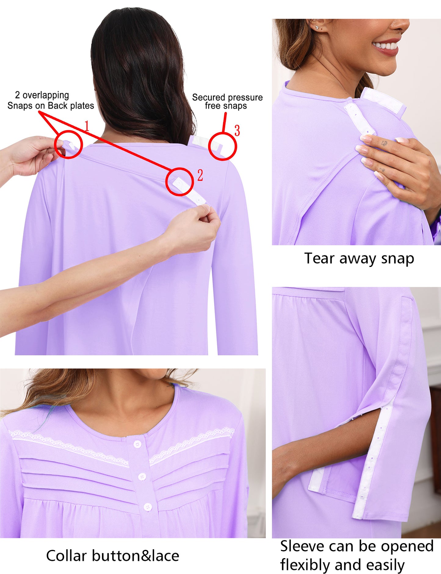 Hospital Gowns for Women Tear Away Snap 3/4 Sleeve Open Back Post Shoulder Surgery Dresses Delivery Nightgown S-3XL