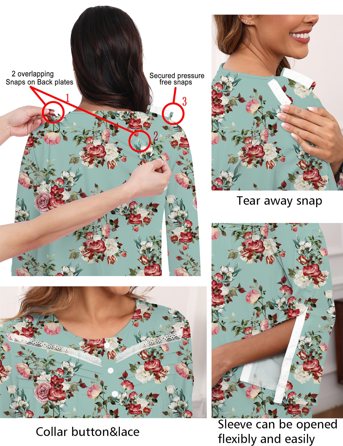 Hospital Gowns for Women Tear Away Snap 3/4 Sleeve Open Back Post Shoulder Surgery Dresses Delivery Nightgown S-3XL