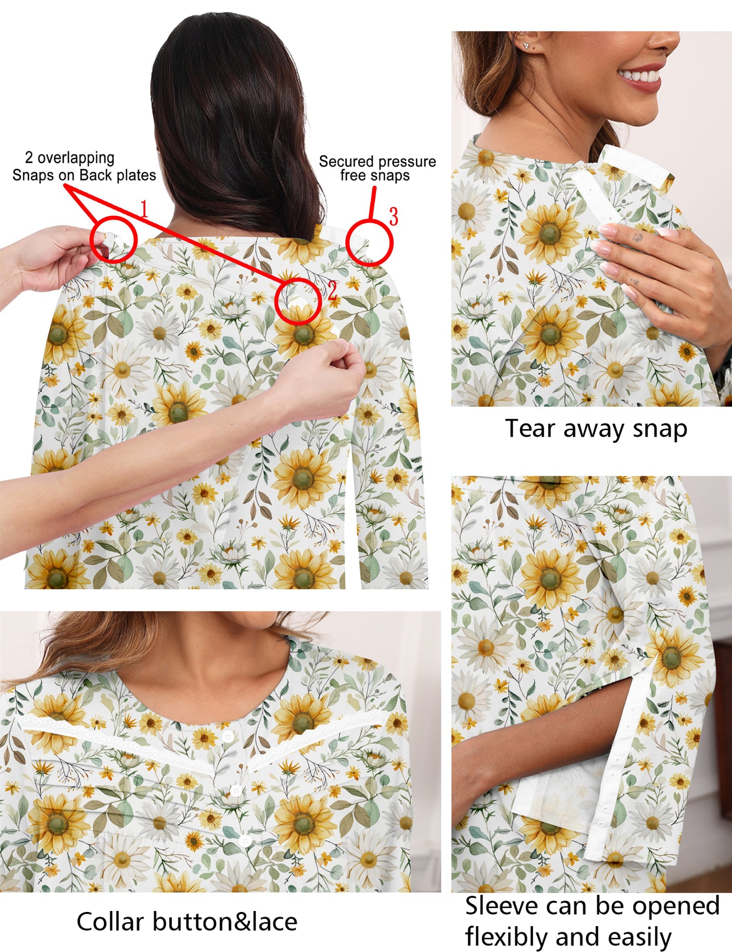 Hospital Gowns for Women Tear Away Snap 3/4 Sleeve Open Back Post Shoulder Surgery Dresses Delivery Nightgown S-3XL