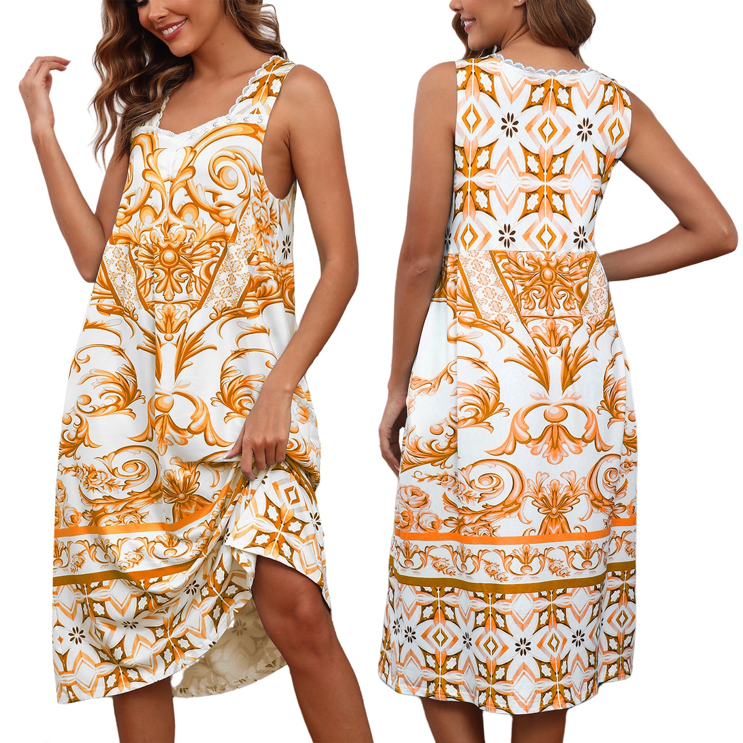Cotton Nightgowns for women Lace Sleeveless House Dress with Pockets Soft Ladies Long Nightdress S-3XL