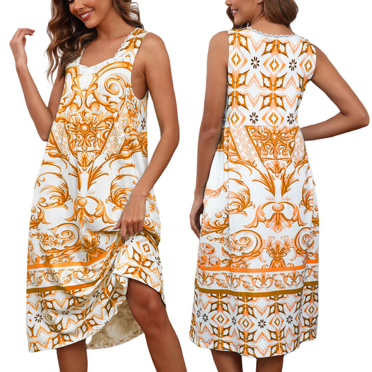 Cotton Nightgowns for women Lace Sleeveless House Dress with Pockets Soft Ladies Long Nightdress S-3XL