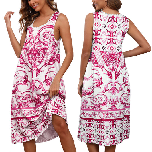 Cotton Nightgowns for women Lace Sleeveless House Dress with Pockets Soft Ladies Long Nightdress S-3XL