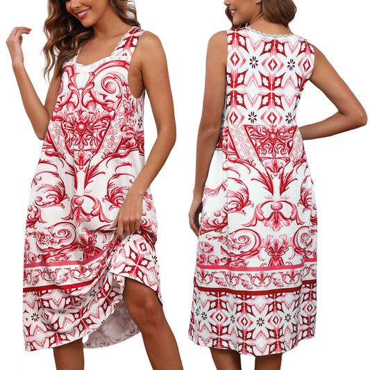 Cotton Nightgowns for women Lace Sleeveless House Dress with Pockets Soft Ladies Long Nightdress S-3XL